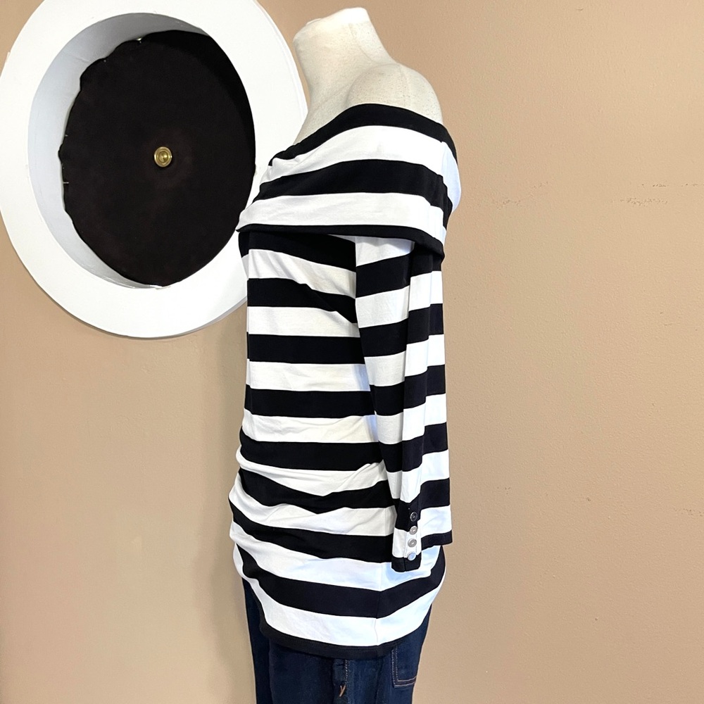 WHBM Off-Shoulder Striped Knit Top – Size Large, Tall-Friendly Fit - Picture 4 of 13